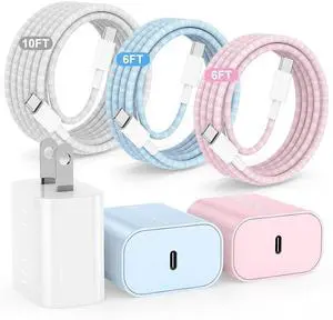 20W USB C Fast Charging for iPhone 17 Air/16/15 Pro Max 3Pack Colorful Mixed Charger Block with Braided Long USB C to C Cables (6/6/10ft) Compatible with iPhone16/15 Pro/15 Plus/iPad Pro 20W USB C Fast Charging for iPhone 17 Air/16/15 Pro Max 3Pack Colorful Mixed Charger Block with Braided Long USB C to C Cables (6/6/10ft) Compatible with iPhone16/15 Pro/15 Plus/iPad Pro
