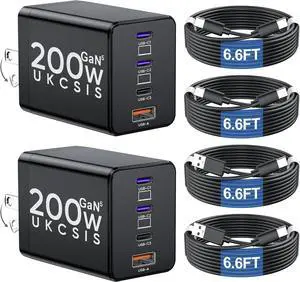 2 Pack 200W USB C Charger Block Foldable 4-Port GaN5 Super Fast Charger USB C Dual 65W Type C Charging Block Laptop Fast Charging Adapter for MacBook Pro/Air iPad iPhone Galaxy Black 2 Pack 200W USB C Charger Block Foldable 4-Port GaN5 Super Fast Charger USB C Dual 65W Type C Charging Block Laptop Fast Charging Adapter for MacBook Pro/Air iPad iPhone Galaxy Black