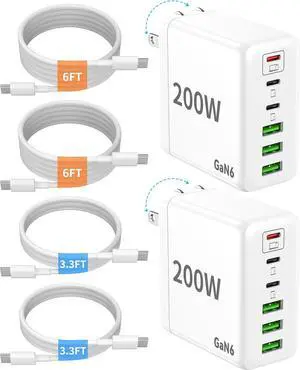 2 Pack USB C Charger Block 200W GaN Super Fast Charger Type C iPhone 17 16 Fast Charging 6 Port Foldable PD Charging Station for All iPhone/Android Phone Galaxy S25/S24/MacBook iPad 2 Pack USB C Charger Block 200W GaN Super Fast Charger Type C iPhone 17 16 Fast Charging 6 Port Foldable PD Charging Station for All iPhone/Android Phone Galaxy S25/S24/MacBook iPad