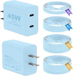 Super Fast Charger Type C 2Pack 45W Dual Port USB C Fast Charger Block with Long 60W 3/6/10/10FT USB C to C Cable for Galaxy S25/S25 Ultra/S25+/S26/S24 Ultra /S24+/S23/iPhone 17- Blue Super Fast Charger Type C 2Pack 45W Dual Port USB C Fast Charger Block with Long 60W 3/6/10/10FT USB C to C Cable for Galaxy S25/S25 Ultra/S25+/S26/S24 Ultra /S24+/S23/iPhone 17- Blue