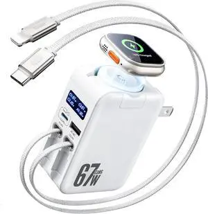 Hatalkin 5-in-1 Retractable Wall Charger for Watch 67W USB C Smart Display Fast Charging GaN with 2 Cables & 2 Ports Foldable Travel Multiport Charger for iPhone 17/16/15 MacBook iWatch iPad Hatalkin 5-in-1 Retractable Wall Charger for Watch 67W USB C Smart Display Fast Charging GaN with 2 Cables & 2 Ports Foldable Travel Multiport Charger for iPhone 17/16/15 MacBook iWatch iPad