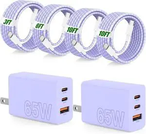65W Super Fast Charger Type C for 3 Port 100W Quick Charging 3.0 USB C Block & 3/6/10/10FT Braided Type C Cord for Galaxy S26 Ultra/S26/S25 Ultra/iPhone 17 Pro/MacBook Pro/Air-Purple 65W Super Fast Charger Type C for 3 Port 100W Quick Charging 3.0 USB C Block & 3/6/10/10FT Braided Type C Cord for Galaxy S26 Ultra/S26/S25 Ultra/iPhone 17 Pro/MacBook Pro/Air-Purple