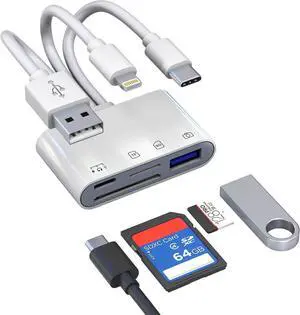 Digital Camera Photo Transfer to iPhone with Lightning/USB-C/A TF/SD Card Reader for iPhone with USB A/USB C Charge+Data Female Ports 4-in-1 OTG Adapter for Digital Camera Transfer & USB Flash Drive Digital Camera Photo Transfer to iPhone with Lightning/USB-C/A TF/SD Card Reader for iPhone with USB A/USB C Charge+Data Female Ports 4-in-1 OTG Adapter for Digital Camera Transfer & USB Flash Drive
