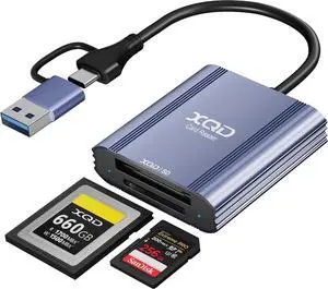 XQD Card Reader - 2 in 1 XQD SD Memory Card Adapter with USB-C/USB-A 5Gbps Aluminum XQD Reader for iPhone 17/16/15 Windows/MacOS/Android Sony G/M Series Lexar 2933x/1400x XQD and SD Card Reader XQD Card Reader - 2 in 1 XQD SD Memory Card Adapter with USB-C/USB-A 5Gbps Aluminum XQD Reader for iPhone 17/16/15 Windows/MacOS/Android Sony G/M Series Lexar 2933x/1400x XQD and SD Card Reader