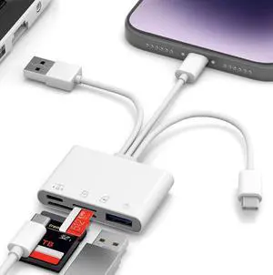 4 in 1 OTG Adapter SD Card Reader - Triple USB-C/Lightning/USB Memory Card Reader Lightning to USB Camera Adapter with SD/TF Card Slots USB Flash Drive Slot Type-C Port for Data & Charging & Audio 4 in 1 OTG Adapter SD Card Reader - Triple USB-C/Lightning/USB Memory Card Reader Lightning to USB Camera Adapter with SD/TF Card Slots USB Flash Drive Slot Type-C Port for Data & Charging & Audio