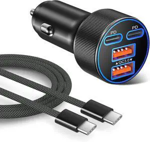 Super Fast Type C Car Charger Dual 45W USB C 4-Port Cigarette Lighter Adapter Compatible with Galaxy S26 S25 Ultra FE S24 S22 iPhone 17 16 15 Pro Max with 6ft Braided USB C to C Cable Super Fast Type C Car Charger Dual 45W USB C 4-Port Cigarette Lighter Adapter Compatible with Galaxy S26 S25 Ultra FE S24 S22 iPhone 17 16 15 Pro Max with 6ft Braided USB C to C Cable