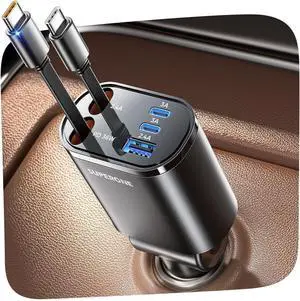 5 in 1 Retractable Car Charge with Dual Type C Cables 90W Fast Charging Car Charger Ultra-Compact USB C Car Accessories Adapter for iPhone 17/16/15/14/13 Galaxy iPad Black 5 in 1 Retractable Car Charge with Dual Type C Cables 90W Fast Charging Car Charger Ultra-Compact USB C Car Accessories Adapter for iPhone 17/16/15/14/13 Galaxy iPad Black