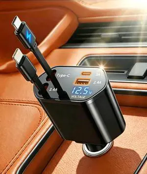 New 4 in 1 Retractable Car Charger USB C Fast Charger Adapter for iPhone 17/16/15/14/13 Car Accessories Gifts for Men Dad Husband Drivers cargador para carro Black New 4 in 1 Retractable Car Charger USB C Fast Charger Adapter for iPhone 17/16/15/14/13 Car Accessories Gifts for Men Dad Husband Drivers cargador para carro Black