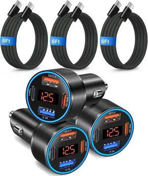 65W 4-Port USB C Super Fast Type C Car Charger for Galaxy S25/S24/S23/S22 Ultra/iPhone 17/16/15 3 Pack QC&PD 3.0 Fast Charging Android Car Phone Charger Cigarette Lighter Adapter+6FT USB-C Cable 65W 4-Port USB C Super Fast Type C Car Charger for Galaxy S25/S24/S23/S22 Ultra/iPhone 17/16/15 3 Pack QC&PD 3.0 Fast Charging Android Car Phone Charger Cigarette Lighter Adapter+6FT USB-C Cable