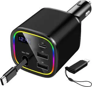 Car Charger USB C 4in1 Car Phone Charger with USBC Retractable Cable for iPhone Android Fast Charge 78W Cigarette Lighter Adapter with Voltage Display 12V/24V Car Accessories Gift (Black) Car Charger USB C 4in1 Car Phone Charger with USBC Retractable Cable for iPhone Android Fast Charge 78W Cigarette Lighter Adapter with Voltage Display 12V/24V Car Accessories Gift (Black)