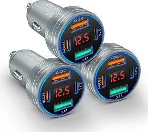 3-Pack Car Charger 65W 4 Ports Super Fast Car Charger USB C with Voltage Meter USB-C + USB-A Cigarette Lighter Adapter Plug Compatibilie with iPhone 17/16/15 Galaxy S25/S24 Pixel Android Grey 3-Pack Car Charger 65W 4 Ports Super Fast Car Charger USB C with Voltage Meter USB-C + USB-A Cigarette Lighter Adapter Plug Compatibilie with iPhone 17/16/15 Galaxy S25/S24 Pixel Android Grey