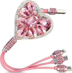Retractable 3 in 1 Car Charger Cable Fast Charging USB C Cord with Heart Shaped Diamond Design Compatible with Phone Tablet for Most Devices Car Accessories (Pink) Retractable 3 in 1 Car Charger Cable Fast Charging USB C Cord with Heart Shaped Diamond Design Compatible with Phone Tablet for Most Devices Car Accessories (Pink)