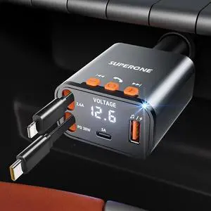 69W Retractable Car Charger with Dual Cables Compact Bluetooth 5.3 Car Adapter FM Transmitter Radio Receiver for Hands-Free Calls & MP3 Music USB C Fast Charging for iPhone Android 69W Retractable Car Charger with Dual Cables Compact Bluetooth 5.3 Car Adapter FM Transmitter Radio Receiver for Hands-Free Calls & MP3 Music USB C Fast Charging for iPhone Android