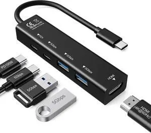 USB C Hub 5 in 1 USBC to HDMI Adapter with 4K@60Hz 100W Power Delivery USB-C 5Gbps 2 × USB-A 3.0 5Gbps USBC Splitter Docking Station for MacBook iPad Pro iPhone 17/16 Windows USB C Hub 5 in 1 USBC to HDMI Adapter with 4K@60Hz 100W Power Delivery USB-C 5Gbps 2 × USB-A 3.0 5Gbps USBC Splitter Docking Station for MacBook iPad Pro iPhone 17/16 Windows