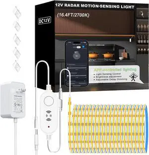 Warm White 2700K Smart COB LED Strip Light 16.4ft with Radar Motion Sensor WiFi APP Control Dimmable Flexible LED Tape Light Timed for Google Home Alexa for Cabinets Home&Office DIY Lighting Warm White 2700K Smart COB LED Strip Light 16.4ft with Radar Motion Sensor WiFi APP Control Dimmable Flexible LED Tape Light Timed for Google Home Alexa for Cabinets Home&Office DIY Lighting