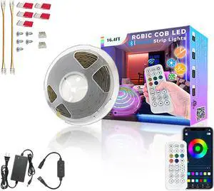 RGBW COB LED Strip Light Kit 16.5ft Color Changing Multicolor Neutral White Cuttable Adhesive Lights Strip ETL Listed for Bedroom Party Decoration with Remote & APP Control (AC/DC Adapter Included) RGBW COB LED Strip Light Kit 16.5ft Color Changing Multicolor Neutral White Cuttable Adhesive Lights Strip ETL Listed for Bedroom Party Decoration with Remote & APP Control (AC/DC Adapter Included)
