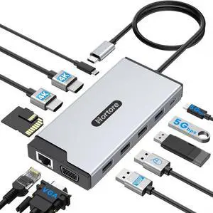 USB C Hub, 12-in-1 Docking Station Dual Monitor with 2 HDMI, VGA, RJ45, 100W PD, USB-C Data,1 USB 3.0, 3 USB 2.0, SD/TF Card Reader, for MacBook/Dell/HP/Lenovo,Silver USB C Hub, 12-in-1 Docking Station Dual Monitor with 2 HDMI, VGA, RJ45, 100W PD, USB-C Data,1 USB 3.0, 3 USB 2.0, SD/TF Card Reader, for MacBook/Dell/HP/Lenovo,Silver