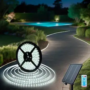 Solar LED Strip Lights Outdoor 6000K White Solar Rope Light 32.8 FT Waterproof with 8 Modes Remote Control Dusk to Dawn Self-Adhesive Cuttable Decorative Lighting for Step Pool Deck Solar LED Strip Lights Outdoor 6000K White Solar Rope Light 32.8 FT Waterproof with 8 Modes Remote Control Dusk to Dawn Self-Adhesive Cuttable Decorative Lighting for Step Pool Deck