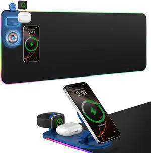 Wireless Charging RGB Gaming Mouse Pad with Foldable Phone Holder 3 in 1 Magnetic Charging Station Large Desk Mat Waterproof Surface Non-Slip Rubber Base for Gaming and Home Office Wireless Charging RGB Gaming Mouse Pad with Foldable Phone Holder 3 in 1 Magnetic Charging Station Large Desk Mat Waterproof Surface Non-Slip Rubber Base for Gaming and Home Office