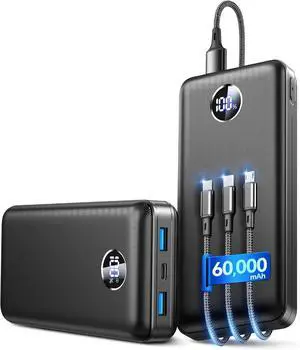 Portable Charger 60000mAh 5-Device Charging Power Bank Battery Pack | 22.5W PD Fast Charge 3-in-1 Cable(USB-C/iOS/Micro-USB) High-Capacity LED Display for iPhone/iPad/Android Camping/Outdoor Portable Charger 60000mAh 5-Device Charging Power Bank Battery Pack | 22.5W PD Fast Charge 3-in-1 Cable(USB-C/iOS/Micro-USB) High-Capacity LED Display for iPhone/iPad/Android Camping/Outdoor
