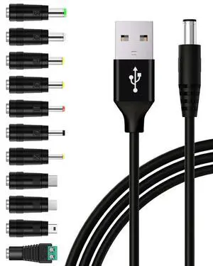 USB to DC 5V Power Cable, Universal DC 5.5x2.1mm Plug Charging Cord with 11 Connectors Tips(6.3x3.0, 5.5x2.5, 4.8x1.7, 4.0x1.7, 3.5x1.35, 3.0x1.1, 2.5x0.7, Type-C, Micro USB, Mini USB, LED Jack) 5 FT USB to DC 5V Power Cable, Universal DC 5.5x2.1mm Plug Charging Cord with 11 Connectors Tips(6.3x3.0, 5.5x2.5, 4.8x1.7, 4.0x1.7, 3.5x1.35, 3.0x1.1, 2.5x0.7, Type-C, Micro USB, Mini USB, LED Jack) 5 FT