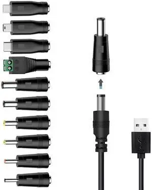 Universal Charger Power Cable, 5V USB to DC 5.5x2.1mm,with 10 Connectors (Micro-USB, Type-C, Mini USB, 2.5x0.7, 3.0x1.1, 3.5x1.35...) for Lamp,Mini Fan, Camera,Mobile Phone, USB Power Bank Charging Universal Charger Power Cable, 5V USB to DC 5.5x2.1mm,with 10 Connectors (Micro-USB, Type-C, Mini USB, 2.5x0.7, 3.0x1.1, 3.5x1.35...) for Lamp,Mini Fan, Camera,Mobile Phone, USB Power Bank Charging