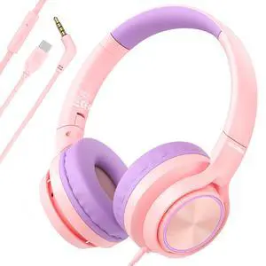 Kids Headphones with 3.5mm & USB C Headphones Kids for School, Over-Ear for Boys Girls, Foldable Headphone Built-in Mic, Safe Volume for iPad/Travel/Tablets/Classroom, Back to School gift(Pink) Kids Headphones with 3.5mm & USB C Headphones Kids for School, Over-Ear for Boys Girls, Foldable Headphone Built-in Mic, Safe Volume for iPad/Travel/Tablets/Classroom, Back to School gift(Pink)