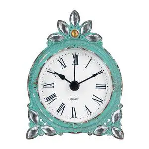 Vintage Pewter Quartz Mini Table Clock with Crystal Shining Rhinestone, 2.87 x 1.37 x 3.87 Inches, Aqua Vintage Pewter Quartz Mini Table Clock with Crystal Shining Rhinestone, 2.87 x 1.37 x 3.87 Inches, Aqua