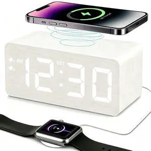 Wooden Digital Alarm Clock, 10W Fast Wireless Charger Station & 2 USB Charging Ports, with 0~99% Dimmer, Dual Alarm, Weekday/Weekend Mode, Wood LED Clock for Bedroom, Desk, Office Wooden Digital Alarm Clock, 10W Fast Wireless Charger Station & 2 USB Charging Ports, with 0~99% Dimmer, Dual Alarm, Weekday/Weekend Mode, Wood LED Clock for Bedroom, Desk, Office