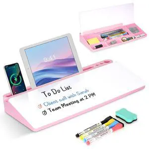 Desktop Glass Whiteboard with Storage, Pink Desk Dry Erase White Board with Computer Keyboard Stand, Desk Organizers and Accessories with Removable Cubicles for Office, Home, College, School Desktop Glass Whiteboard with Storage, Pink Desk Dry Erase White Board with Computer Keyboard Stand, Desk Organizers and Accessories with Removable Cubicles for Office, Home, College, School