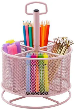 Mesh Desk Organizer, 360-Degree Rotating Multi-Functional Pen Holder, 4 Compartments Desktop Stationary Organizer, Home Office Art Supply Storage Box Caddy (Pink) Mesh Desk Organizer, 360-Degree Rotating Multi-Functional Pen Holder, 4 Compartments Desktop Stationary Organizer, Home Office Art Supply Storage Box Caddy (Pink)