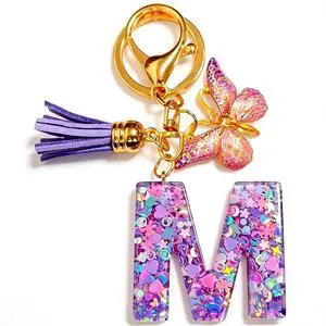 Initial Letter Keychain Cute Keychain Butterfly Sequins Alphabet Resin Name Tassel Keychain for Women's Gift (Purple-M) Initial Letter Keychain Cute Keychain Butterfly Sequins Alphabet Resin Name Tassel Keychain for Women's Gift (Purple-M)