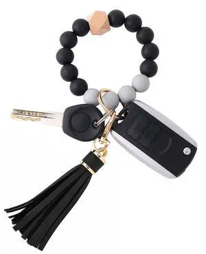 Women Silicone Keychain Bracelet Beaded Wristlet Key Ring Black Bangle Chains with Leather Tassel Women Silicone Keychain Bracelet Beaded Wristlet Key Ring Black Bangle Chains with Leather Tassel