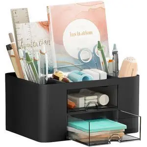 Pen Organizer with 2 Drawer, Multi-Functional Pencil Holder for Desk, Desk Organizers and Accessories with 5 Compartments + Drawer for Office Art Supplies (Black) Pen Organizer with 2 Drawer, Multi-Functional Pencil Holder for Desk, Desk Organizers and Accessories with 5 Compartments + Drawer for Office Art Supplies (Black)