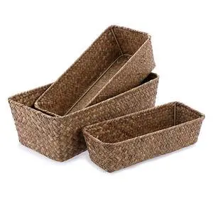 3 Natural Wicker Basket Set Rectangular Handwoven Seagrass Basket Storage Bins Home Organizer Bins - Household Basket Box for Shelf Wardrobe Desktop Home Decor (Coffee) 3 Natural Wicker Basket Set Rectangular Handwoven Seagrass Basket Storage Bins Home Organizer Bins - Household Basket Box for Shelf Wardrobe Desktop Home Decor (Coffee)