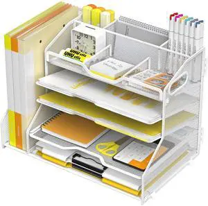 5 Tier Paper Tray Letter Organizer with Top 6 Adjustable Compartments and File Holder - Paper Sorter Office Desktop Accessories with Handles for Document,Mail,School Supplies Storage,White 5 Tier Paper Tray Letter Organizer with Top 6 Adjustable Compartments and File Holder - Paper Sorter Office Desktop Accessories with Handles for Document,Mail,School Supplies Storage,White
