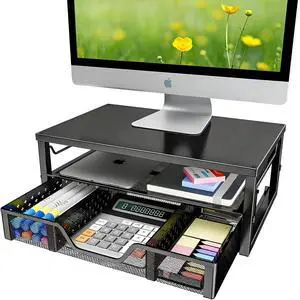 Monitor Stand Riser with Drawer, Black for Home Office | Metal 2-Tier Monitor Stand with Hidden Drawer | Ergonomic Neck Support | Desk Organizer | Space Saving | Fast Setup Monitor Stand Riser with Drawer, Black for Home Office | Metal 2-Tier Monitor Stand with Hidden Drawer | Ergonomic Neck Support | Desk Organizer | Space Saving | Fast Setup