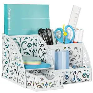 Desk Organizer and Pen Holder for Desk, Mesh Office Supplies Storage Caddy with Drawer for Small Space, Desktop Organizer for Home Office, White Desk Organizer and Pen Holder for Desk, Mesh Office Supplies Storage Caddy with Drawer for Small Space, Desktop Organizer for Home Office, White
