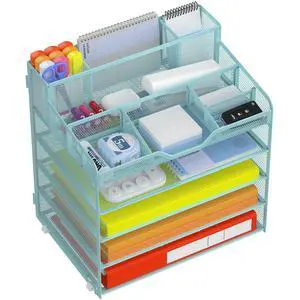 5 Tier Mesh Desk Organizer for Paper Office Supplies Multi-Functional Letter Tray with 5 Adjustable Compartments, 3 Pen Holders, Desktop Storage for Files, Mail, Stationery Blue 5 Tier Mesh Desk Organizer for Paper Office Supplies Multi-Functional Letter Tray with 5 Adjustable Compartments, 3 Pen Holders, Desktop Storage for Files, Mail, Stationery Blue