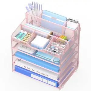 5 Tier Mesh Desk Organizer,Multi Functional Letter Paper Tray with 3 Pen Holders and 5 Adjustable Storage Compartments for Office Supplies Files and Mail Space Saving Desktop Organizer-Pink 5 Tier Mesh Desk Organizer,Multi Functional Letter Paper Tray with 3 Pen Holders and 5 Adjustable Storage Compartments for Office Supplies Files and Mail Space Saving Desktop Organizer-Pink