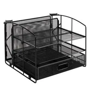Sturdy Rectangular Desktop Organizer with 3 Trays, Sliding Drawer and Hanging File Holder for Office Supplies, Black Sturdy Rectangular Desktop Organizer with 3 Trays, Sliding Drawer and Hanging File Holder for Office Supplies, Black