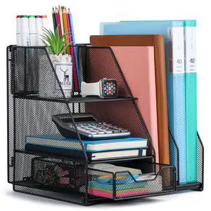 Desk Organizer, File Organizer for Desk with 2-Tier Paper Letter Tray, Drawer and 2 Pen Holder, Mesh Desktop Organization with Magazine Holder for Office Supplies Desk Organizer, File Organizer for Desk with 2-Tier Paper Letter Tray, Drawer and 2 Pen Holder, Mesh Desktop Organization with Magazine Holder for Office Supplies