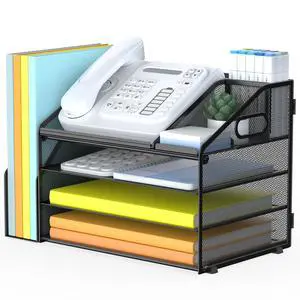 4 Tier Paper Letter Tray File Organizer, Mesh Desk File with Handle, Workspace Desk Organizers with Pen Holder, Office Organization Storage Accessories - Black 4 Tier Paper Letter Tray File Organizer, Mesh Desk File with Handle, Workspace Desk Organizers with Pen Holder, Office Organization Storage Accessories - Black