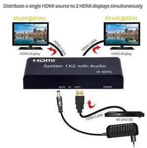 1x2 HDMI Splitter with Audio Extractor 4K 60Hz HDMI Distributor Splitter 1 in 2 out with SPDIF Optical + 3.5mm Stereo Audio Out(with UK Plug) 1x2 HDMI Splitter with Audio Extractor 4K 60Hz HDMI Distributor Splitter 1 in 2 out with SPDIF Optical + 3.5mm Stereo Audio Out(with UK Plug)