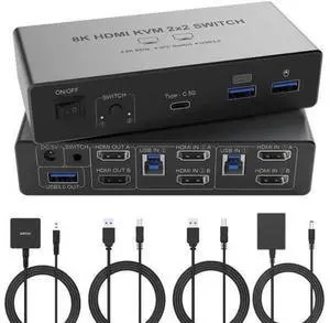 8K@60Hz HDMI KVM Switch 2 Monitors 2 Computers, Aluminum with 4 USB 3.0 Ports for 2 Computers Sharing Dual Monitors Keyboard Mouse Printer with 2 USB Cables/Power Adapter/Controller 8K@60Hz HDMI KVM Switch 2 Monitors 2 Computers, Aluminum with 4 USB 3.0 Ports for 2 Computers Sharing Dual Monitors Keyboard Mouse Printer with 2 USB Cables/Power Adapter/Controller