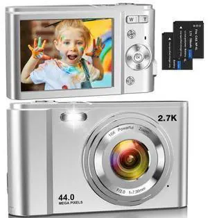 Digital Camera for Kids, FHD 44MP Point and Shoot Digital Cameras with 2 Batteries, 16X Zoom, Anti-Shake, Flash Light, Compact Small Portable Cameras for Kids Teens Boy Girl, Silver Digital Camera for Kids, FHD 44MP Point and Shoot Digital Cameras with 2 Batteries, 16X Zoom, Anti-Shake, Flash Light, Compact Small Portable Cameras for Kids Teens Boy Girl, Silver