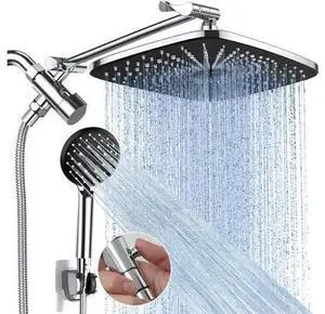 12 Inch High Pressure Rain Shower Head Combo with Extension Arm- Wide Rainfall Showerhead with 5 Handheld Water Spray - Adjustable Dual Showerhead with Anti-Clog Nozzles - Silver Chrome 12 Inch High Pressure Rain Shower Head Combo with Extension Arm- Wide Rainfall Showerhead with 5 Handheld Water Spray - Adjustable Dual Showerhead with Anti-Clog Nozzles - Silver Chrome