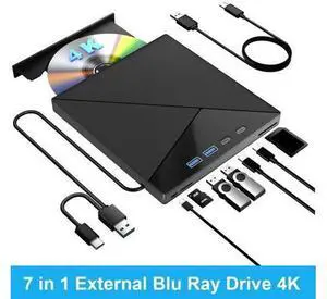 7 in 1 External Blu Ray Drive, 4K Blu Ray Burner with USB 3.0 Type-C Portable Blu Ray Drive, CD DVD Burner 3D BD Player with SD/TF Ports, 4K Optical Drive Compatible with Windows, Linux, MacOSdd 7 in 1 External Blu Ray Drive, 4K Blu Ray Burner with USB 3.0 Type-C Portable Blu Ray Drive, CD DVD Burner 3D BD Player with SD/TF Ports, 4K Optical Drive Compatible with Windows, Linux, MacOSdd