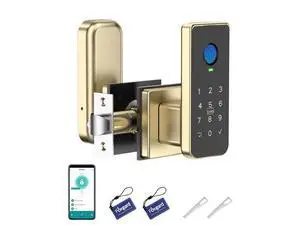 Fingerprint Door Lock 5-in-1 Biometric Smart Lock with Keypad, App Control, Key, Auto-Lock, Electronic Anti-Lock Keyless Entry for Bedroom, Office, Indoor Use Gold Fingerprint Door Lock 5-in-1 Biometric Smart Lock with Keypad, App Control, Key, Auto-Lock, Electronic Anti-Lock Keyless Entry for Bedroom, Office, Indoor Use Gold