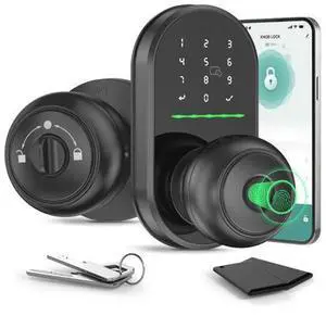 Smart Door Knob with Keypad,5-in-1 Biometric Fingerprint Door Lock,Keyless Entry Door Lock for Bedroom Office Apartment,App Control,Auto Lock,Fits Standard Doors,Dark Black Smart Door Knob with Keypad,5-in-1 Biometric Fingerprint Door Lock,Keyless Entry Door Lock for Bedroom Office Apartment,App Control,Auto Lock,Fits Standard Doors,Dark Black